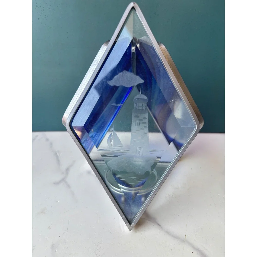 Vintage Stained Slag Glass Lighthouse Etched Tea Light Candle Holder Blue White
